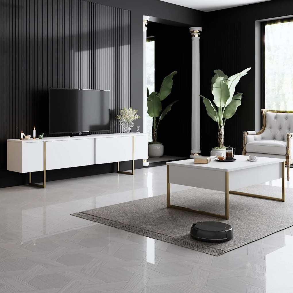 Conjunto de Mobiliário de Sala de Estar Luxe Set – Branco e Dourado –