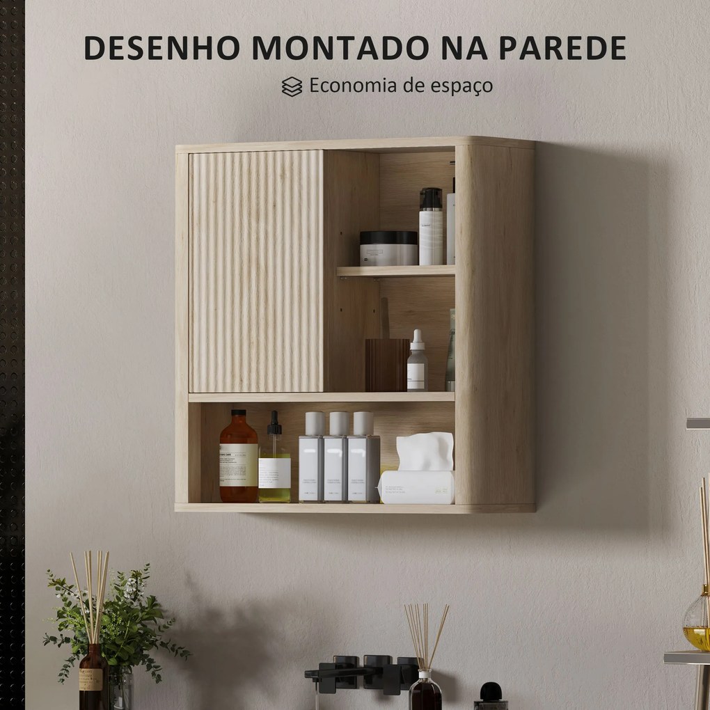Armário de Casa de Banho de Parede com Prateleiras Ajustáveis Porta Deslizante e Compartimentos  60x20x62 cm Madeira
