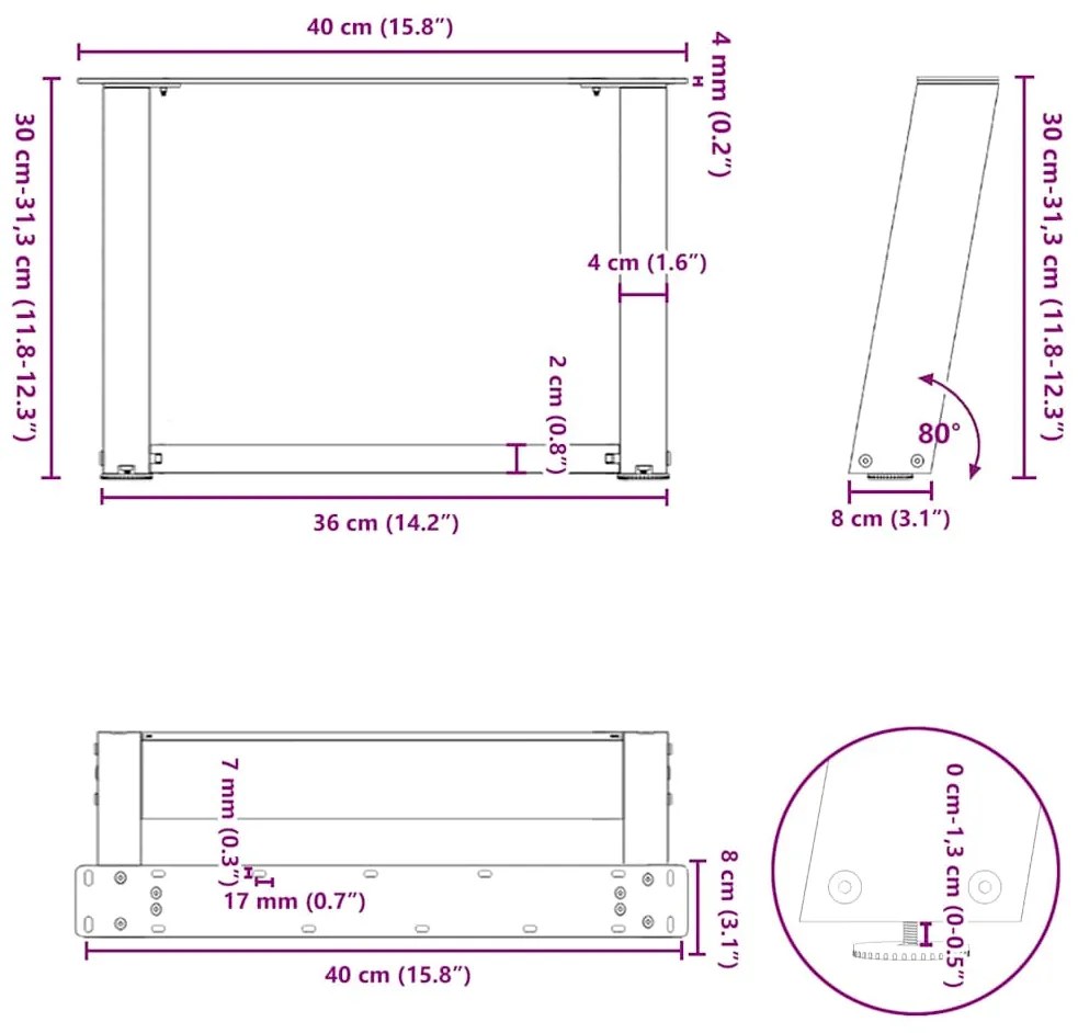 Pés para mesa de centro em formato de U, 2 peças, aço natural, 40x(30-