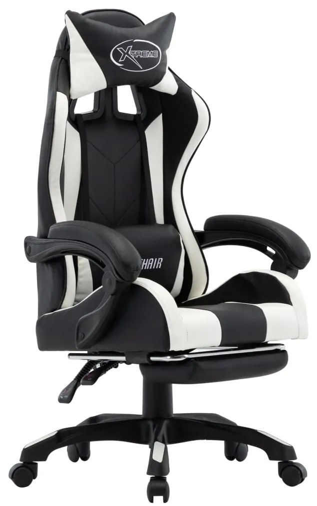 vidaXL Cadeira estilo corrida c/ apoio pés couro artif. branco/preto