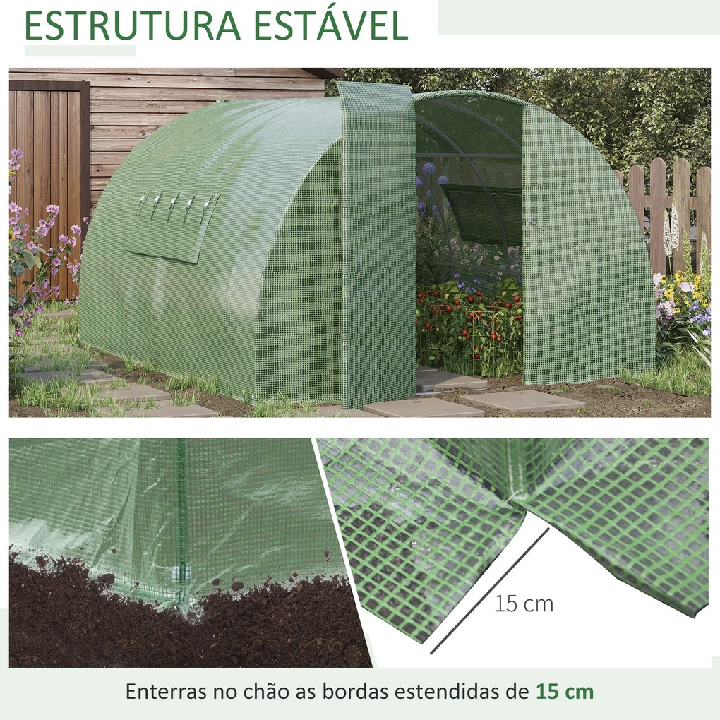Outsunny Estufa Tipo Túnel 570x292x197cm com Porta e Janelas Estufa de Jardim Grande com Cobertura de PE e Metal Galvanizado para Cultivos de Plantas Verduras Verde
