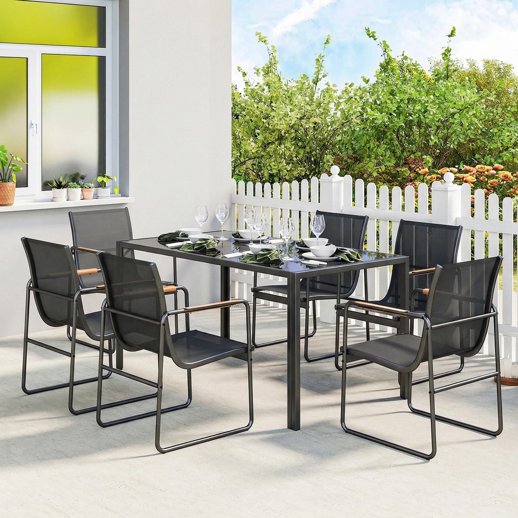 Conjunto de sala de jantar de jardim de 7 peças para 6 pessoas, mesa de vidro e cadeiras com braços decorativos, malha resistente às intempéries, pret