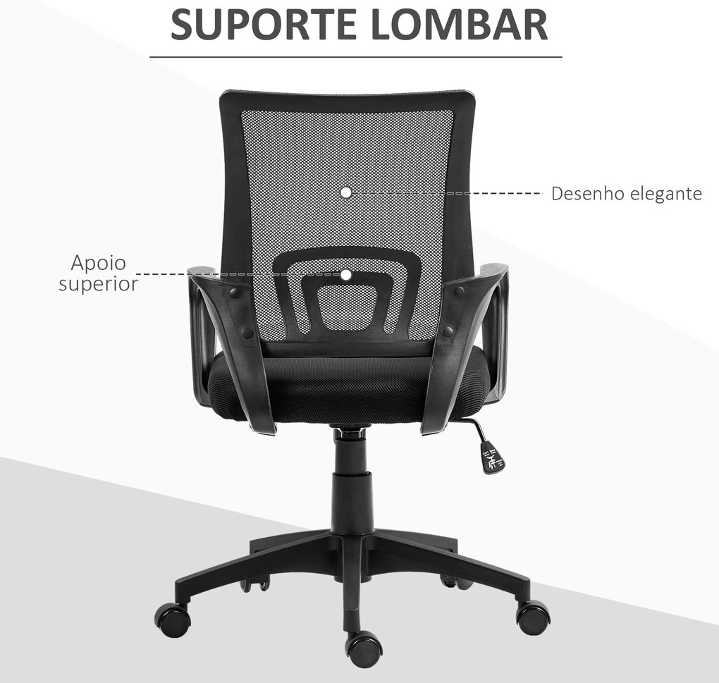 Cadeira de Escritório de Malha Giratória com Altura Ajustável Função Basculante e Apoio para os Braços 57x55x89-109 cm Preto