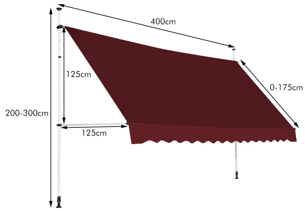 Toldo 400 cm telescópico e retrátil resistente aos raios UV impermeável com manivela altura regulável para janela varanda jardim Vermelho