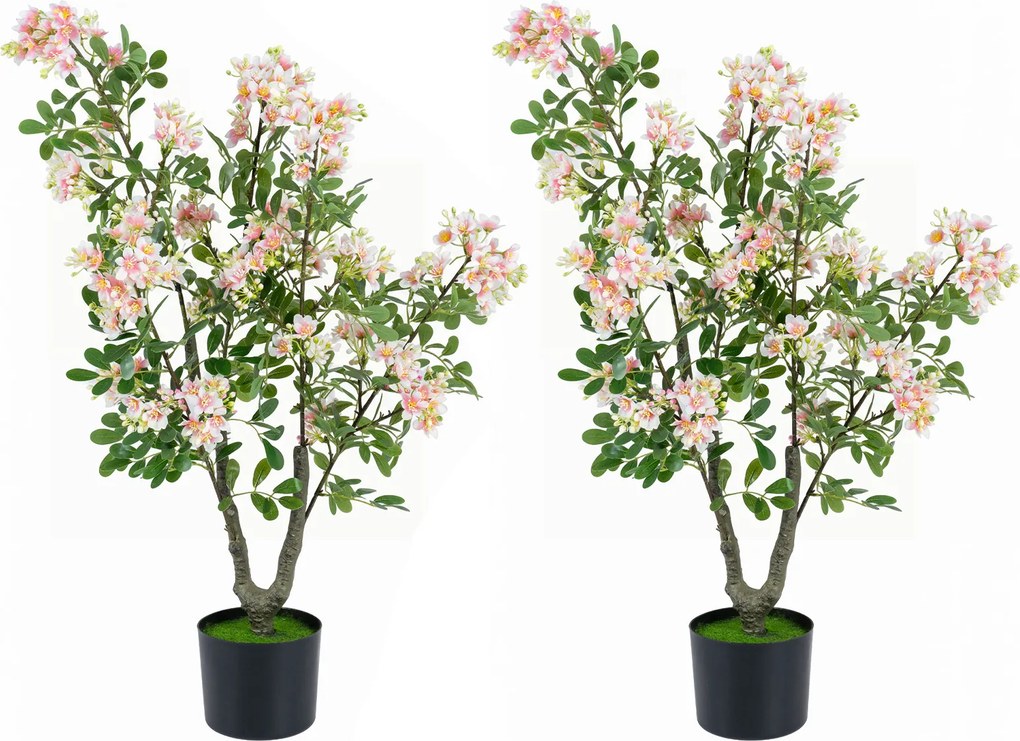 Conjunto de 2 Árvores de Flores Artificiais, 15 x 13 x 90 cm, Vaso de Cimento, Rosa