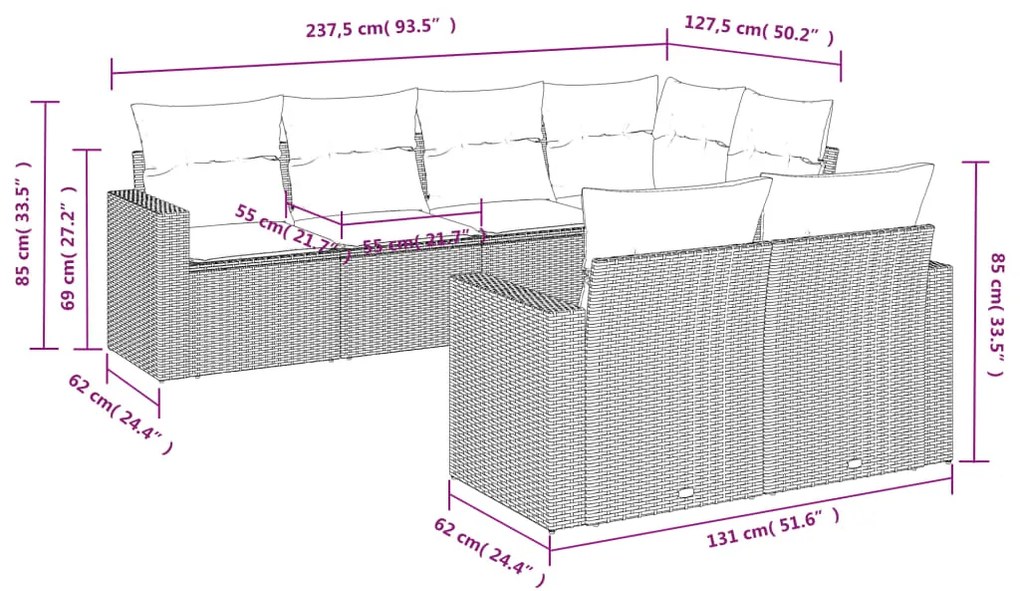 7 pcs conjunto de sofás p/ jardim com almofadões vime PE bege