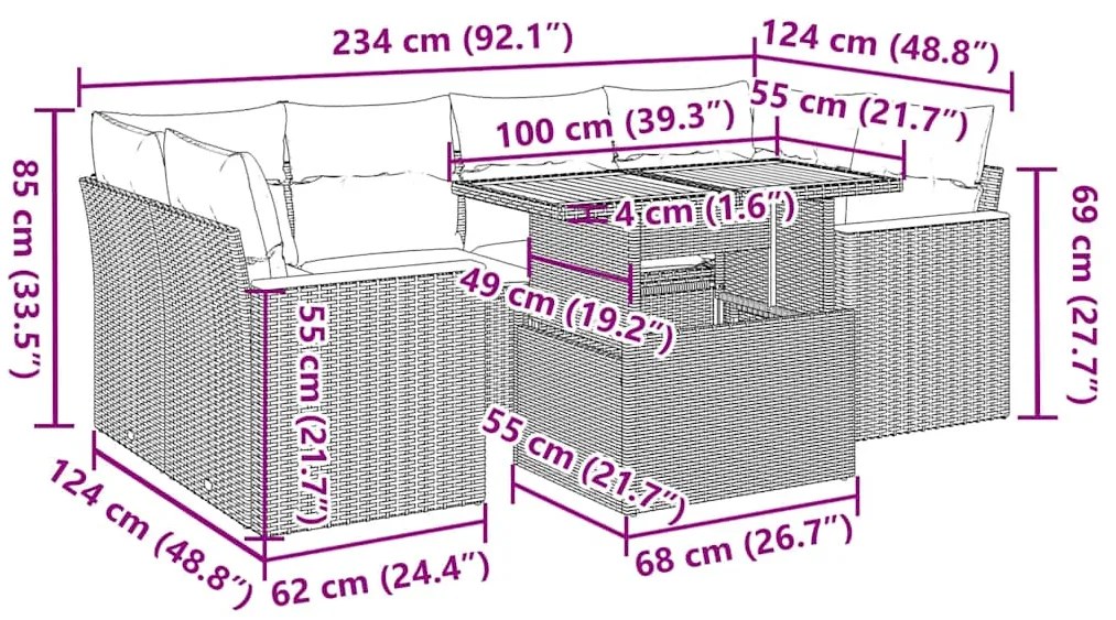 6 pcs conjunto sofás jardim c/ almofadões vime PE/acácia preto