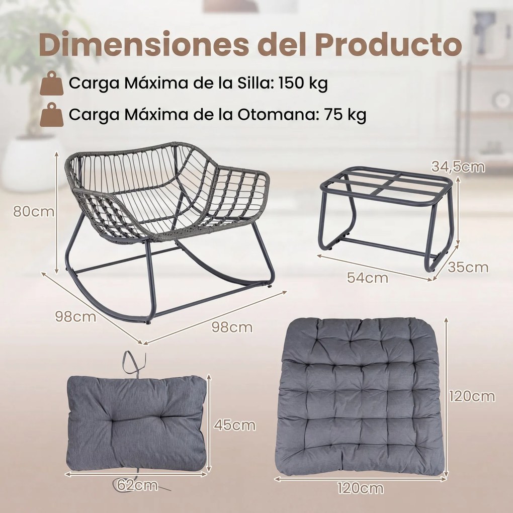 Cadeira de baloiço com apoio para os pés em rattan PE, almofadas removíveis, Estrutura metálica antiderrapante, capacidade de carga de 150 kg, para sa