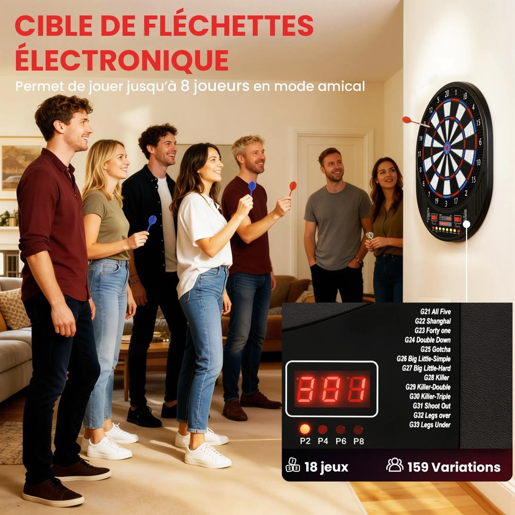 Jogo de dardos eletrónico com pontas flexíveis, dois ecrãs LED, 33 jogos, 202 variações, até 8 jogadores