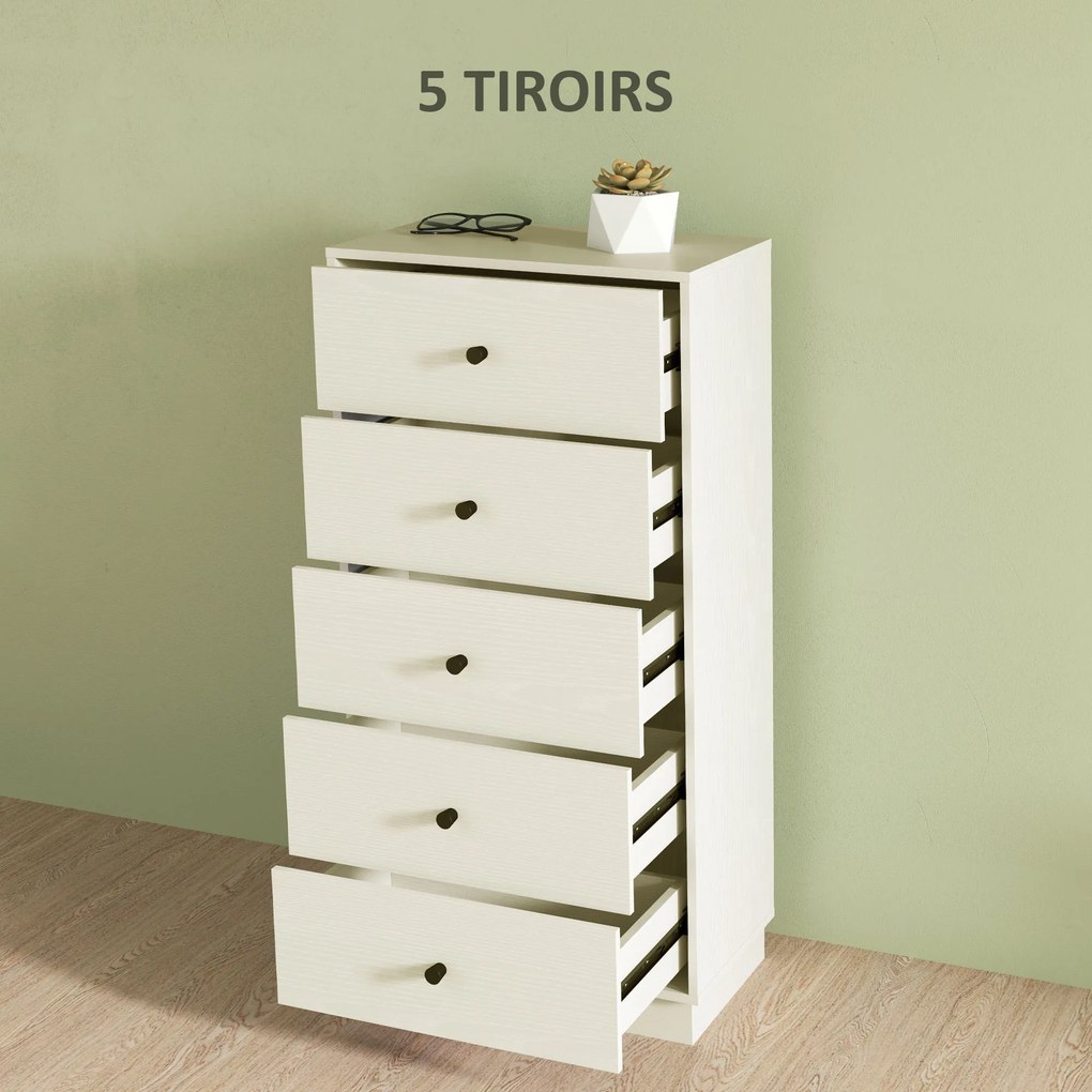 Cómoda com 5 gavetas 47 x 29 x 95 cm, móvel de arrumação alto e estreito, estilo moderno para quarto, sala de estar creme