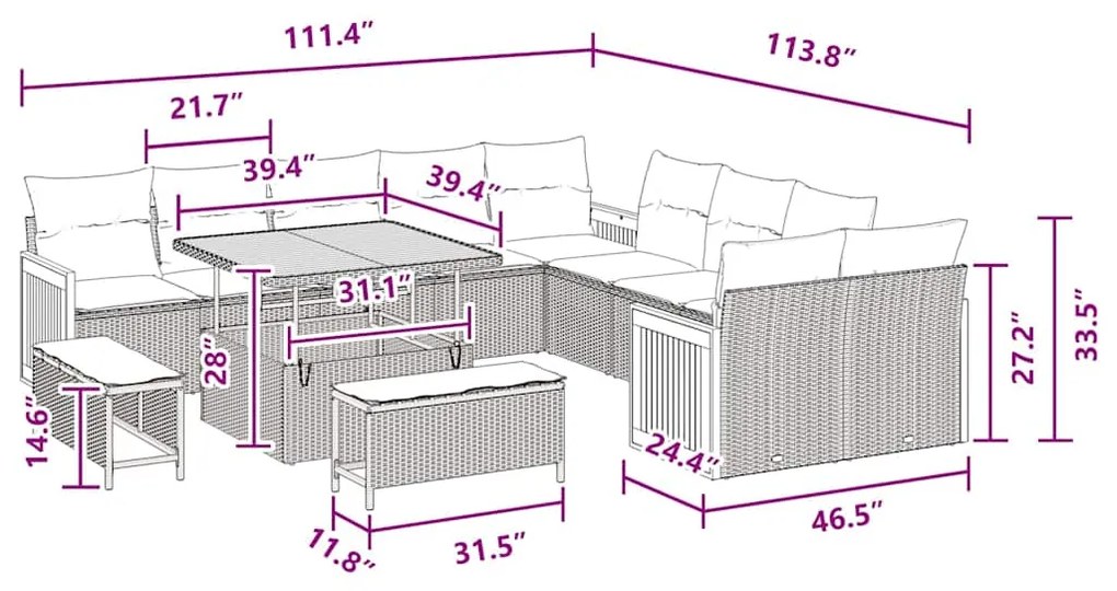 Conjunto de Sofá de Jardim vidaXL de 13 Peças com Almofadas Preto Vime