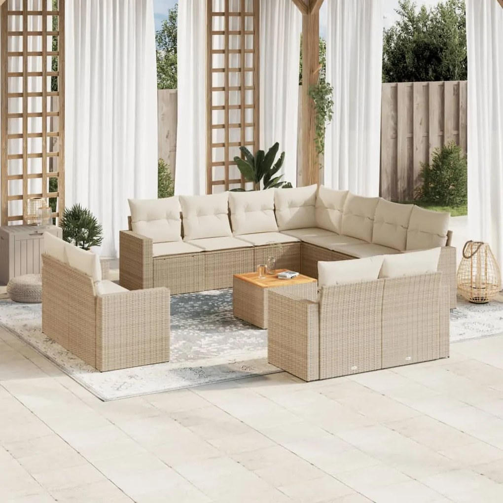 vidaXL 12 pcs conjunto de sofás p/ jardim com almofadões vime PE bege