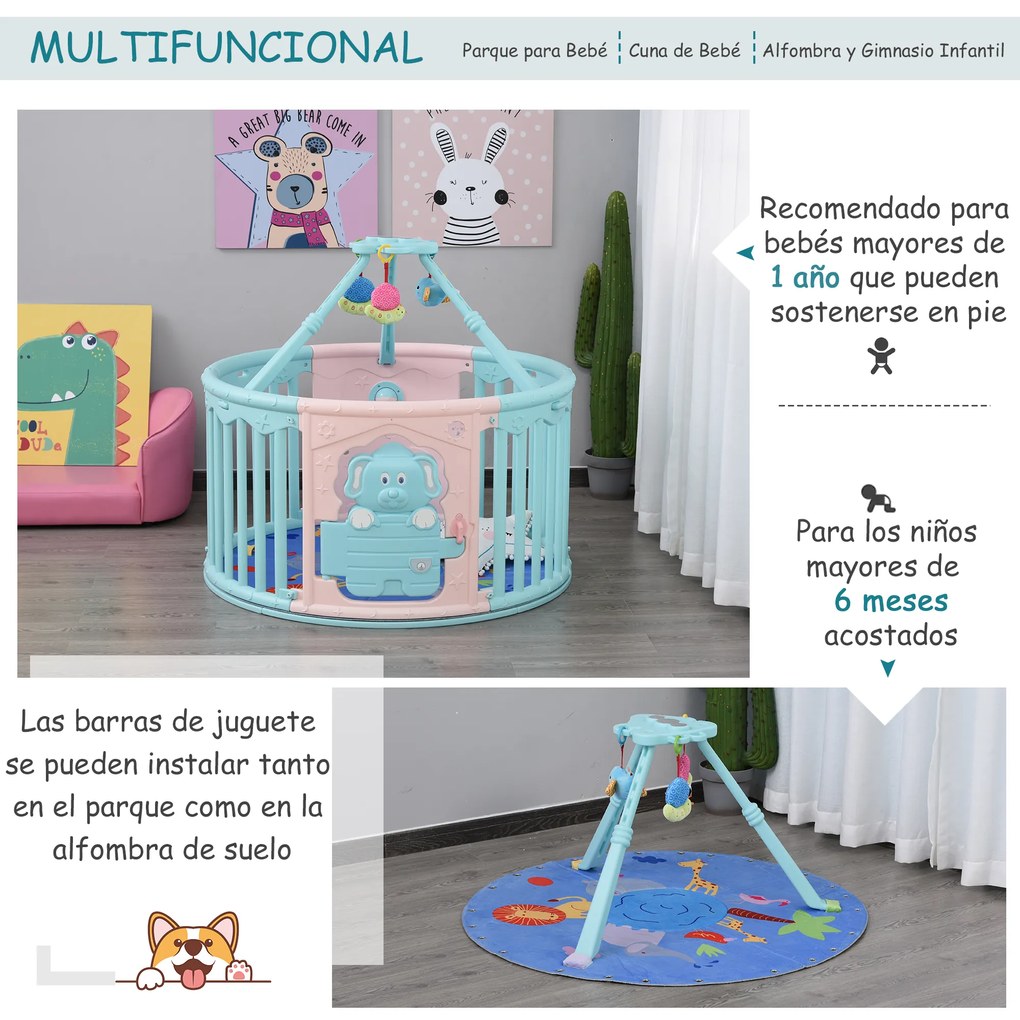HOMCOM Parque infantil redondo Parque infantil de segurança para bebês Berço com Tapete Brinquedos divertidos Trava Dupla Altura 65,5 cm rosa e azul