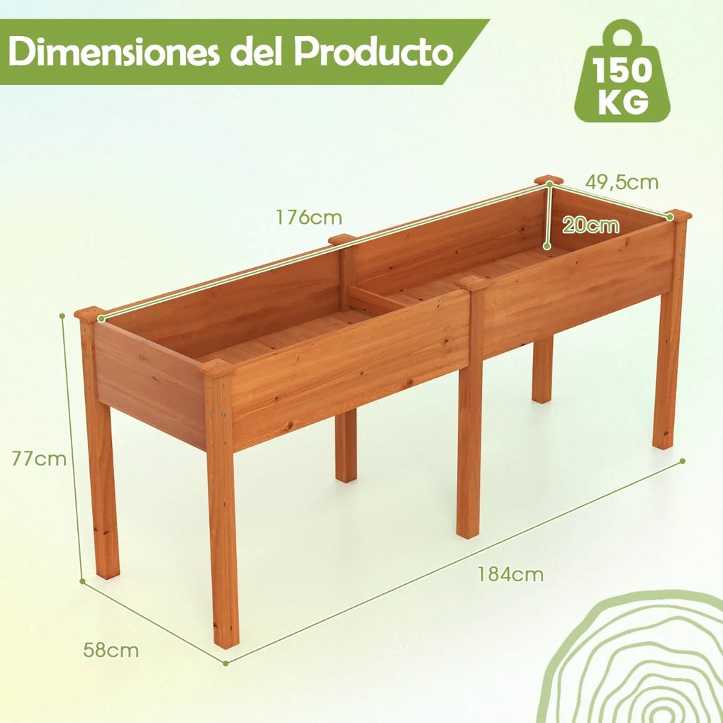 Floreira elevada com separador e 8 orifícios de drenagem para vegetais e flores para jardim ou terraço 184 x 58 x 77 cm Amarelo