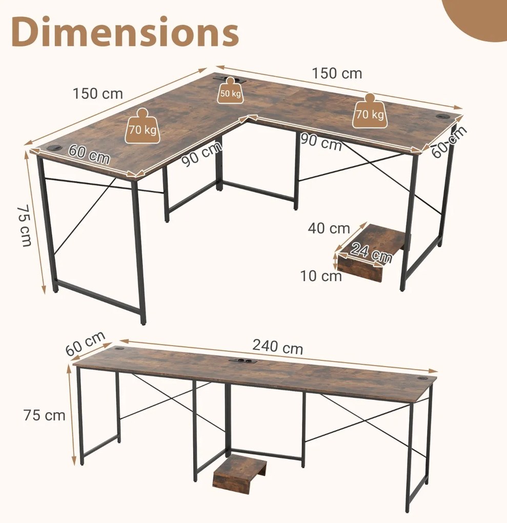 Mesa de computador sobre rodas, mesa de computador móvel com bandeja para teclado removível para escritório doméstico, quarto infantil, marrom