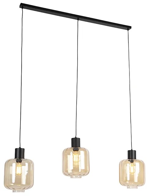 Candeeiro de suspensão design preto com vidro âmbar 3-luzes 161,5 cm - Qara