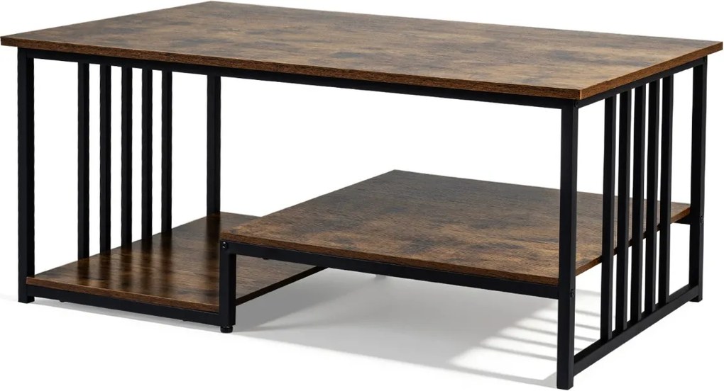Mesa de centro retangular 110 x 60 x 45 cm com 2 prateleiras de arrumação, Estrutura metálica resistente, mesa moderna para sala de estar em castanho