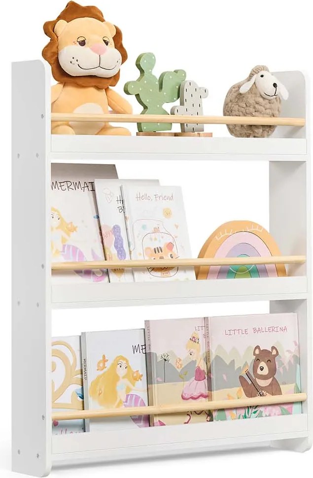 Estante infantil 12 x 60 x 75 cm com 3 prateleiras em branco e cor natural