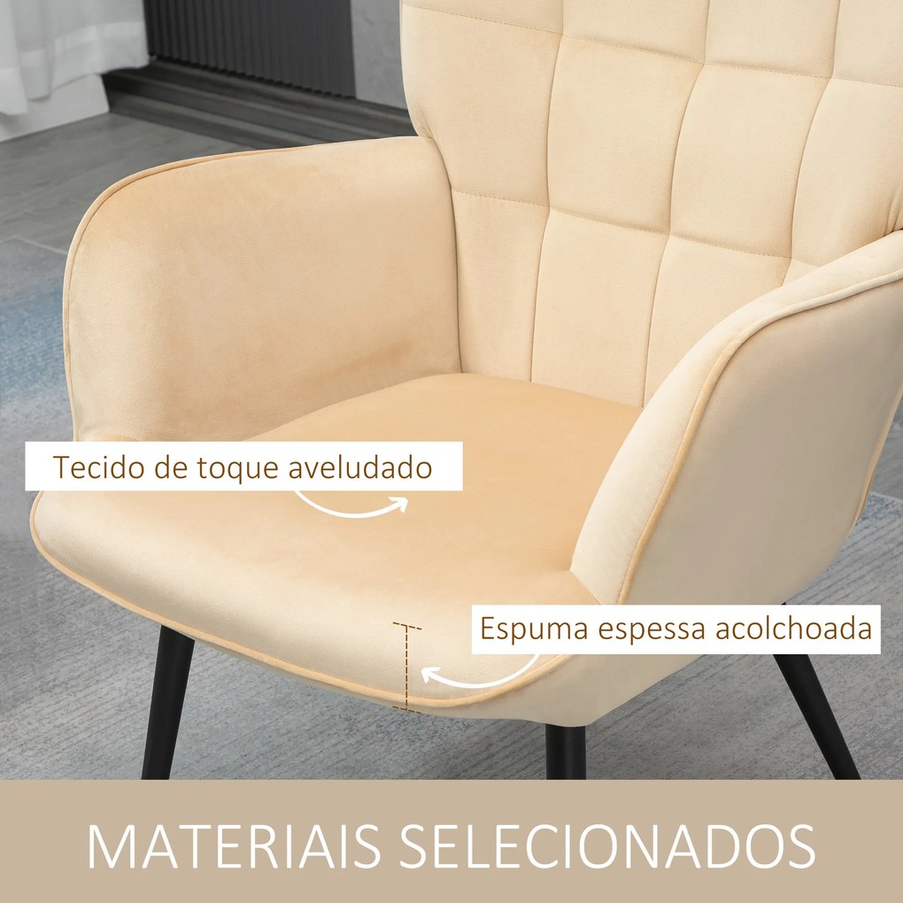 HOMCOM Poltrona Individual com Otomana Estofada em Veludo Poltrona de Sala de Estar com Encosto Alto Apoio para os Braços para Dormitório Escritório Carga Máxima 150kg 72x80x99cm Bege