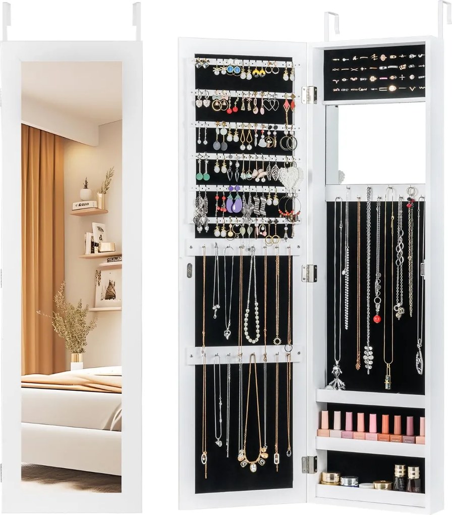 Armário Jóias com espelho de corpo inteiro 31,5 x 9,5 x 110 cm com espelho de maquilhagem interior com ganchos e prateleiras Branco