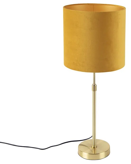 Candeeiro de mesa dourado/latão com cúpula de veludo amarelo 25 cm - Parte Country / Rústico
