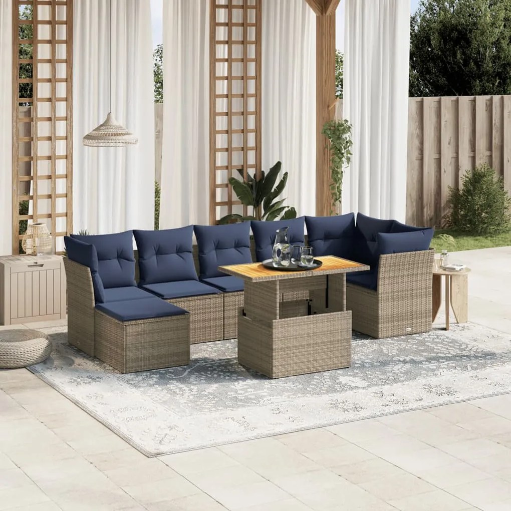 vidaXL 8 pcs conjunto sofás p/ jardim c/ almofadões vime PE cinzento