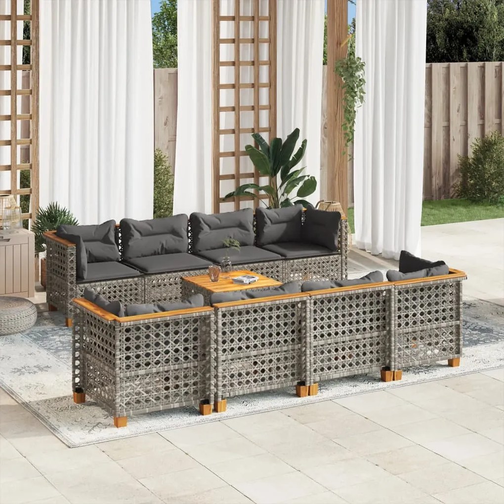 9 pcs conjunto sofás p/ jardim com almofadões vime PE cinzento