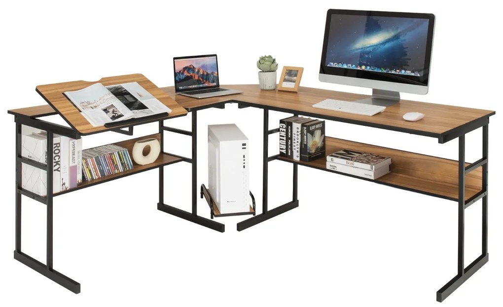 Mesa moderna de escritorio em forma de L, mesa de design inclinado com estrutura metálica inferior Castanho Claro