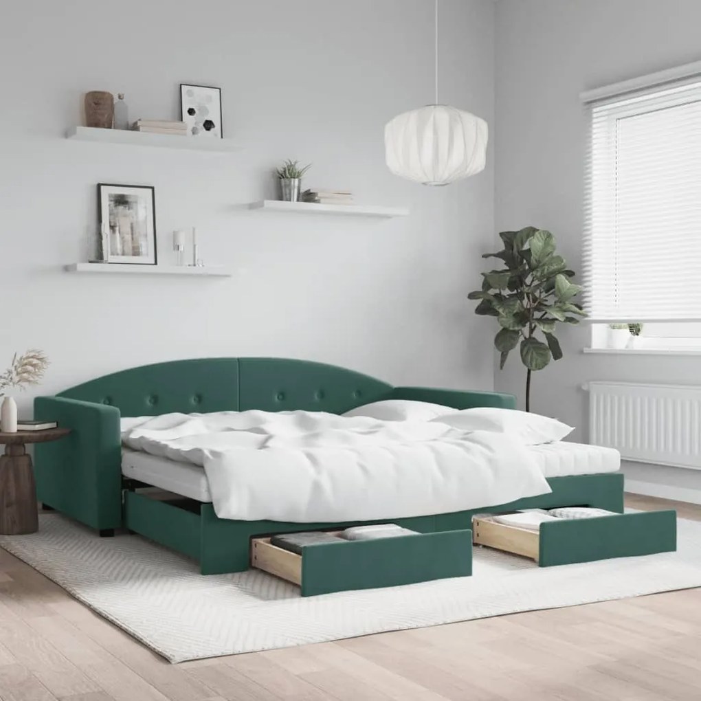 vidaXL Sofá-cama c/ gavetão e gavetas 100x200 cm veludo verde-escuro