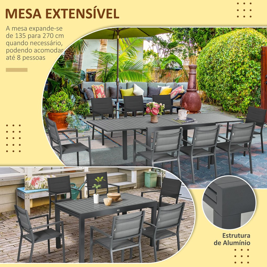 Outsunny Conjunto Móveis de Jardim 9 Peças Conjunto de Refeição para Varanda com Mesa Extensível 8 Cadeiras Empilháveis Estrutura de Alumínio e Assento de Textilene 135-270x89x74cm Cinza