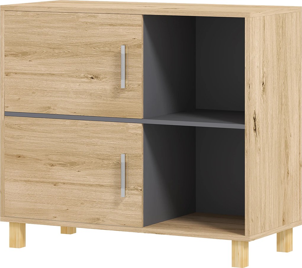 Móvel de casa de banho 80 x 35 x 70 cm, de arrumação com compartimentos abertos e armário, cor de madeira natural