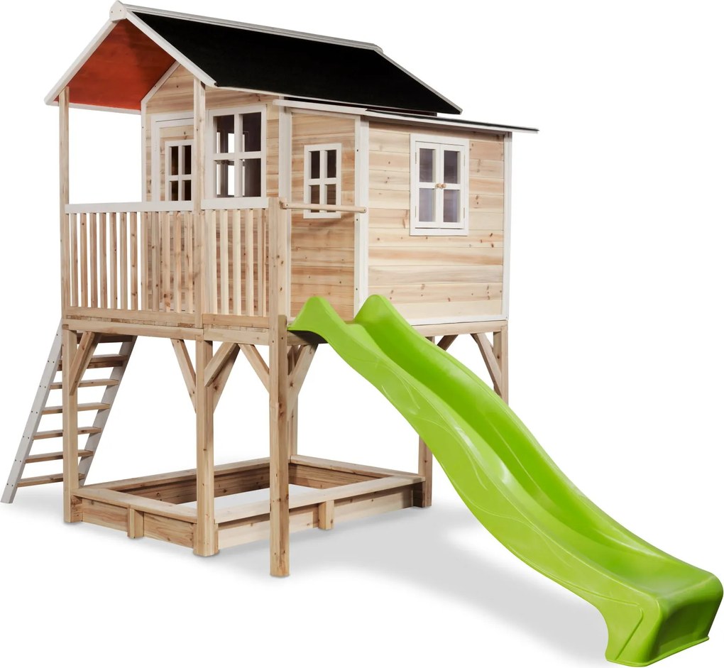 Casa de brincar infantil exterior para crianças Loft 750 em madeira com escorrega e caixa areia - Natural