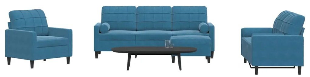 4 pcs conjunto de sofás com almofadões e rolos veludo azul