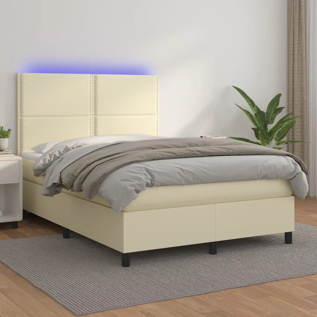 Cama box spring c/ colchão/LED 140x200cm couro artificial creme