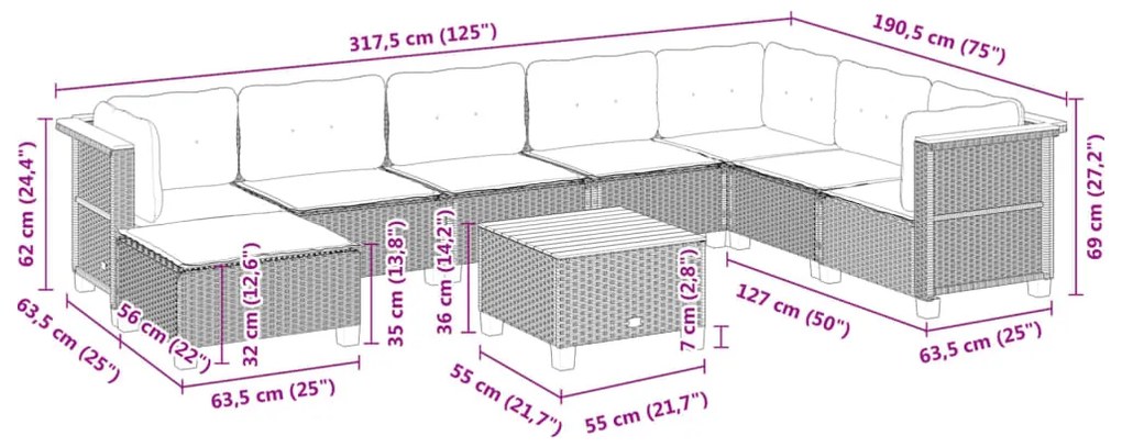 9 pcs conjunto de sofás p/ jardim c/ almofadões vime PE preto