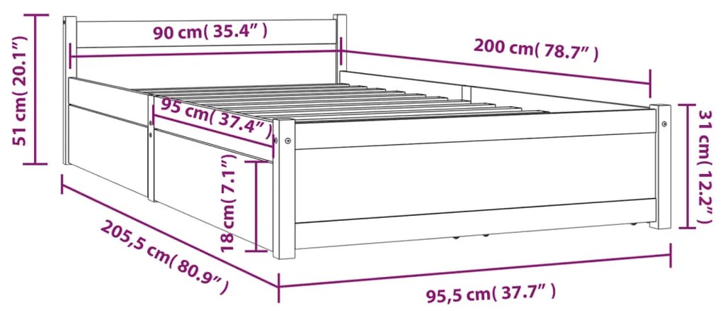 Estrutura de cama c/ gavetas 90x190 cm castanho mel