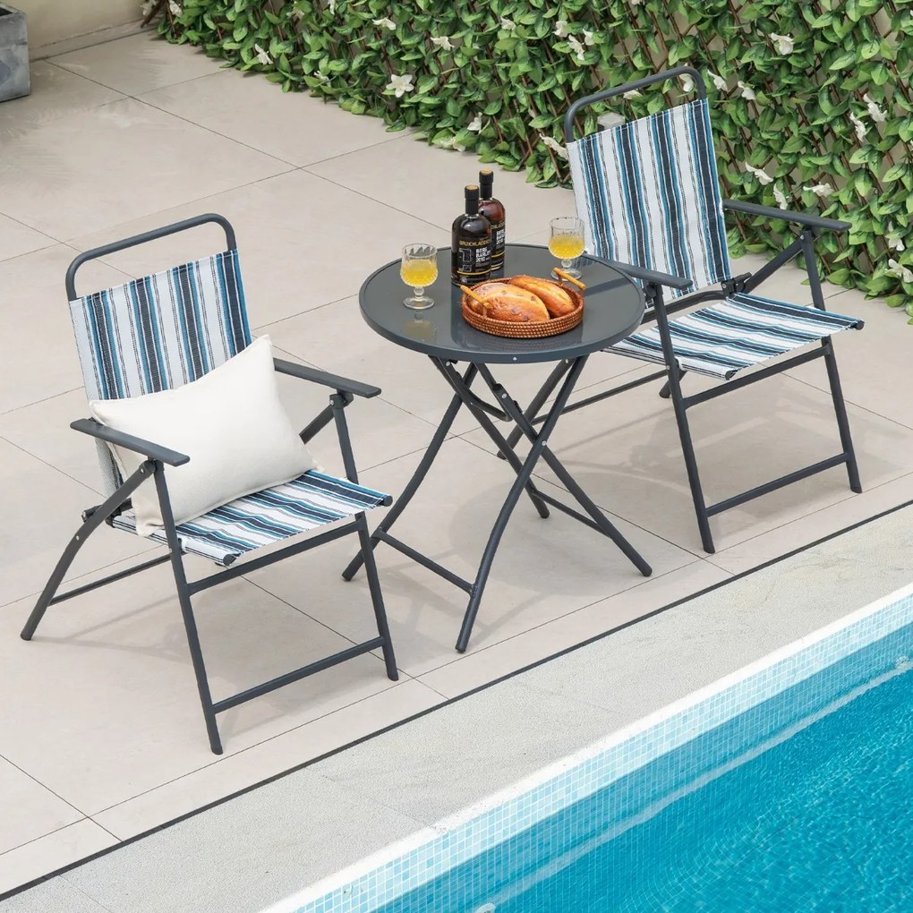 Conjunto de mesa dobrável de jardim e 2 cadeiras com tecido texteline respirável e estrutura de metal para quintal, piscina e varanda Riscas