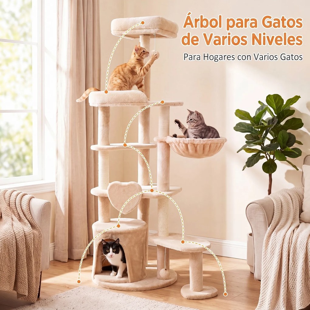 Árvore para Gatos, Altura Total: 149 cm Postes de Sisal Natural, Bege