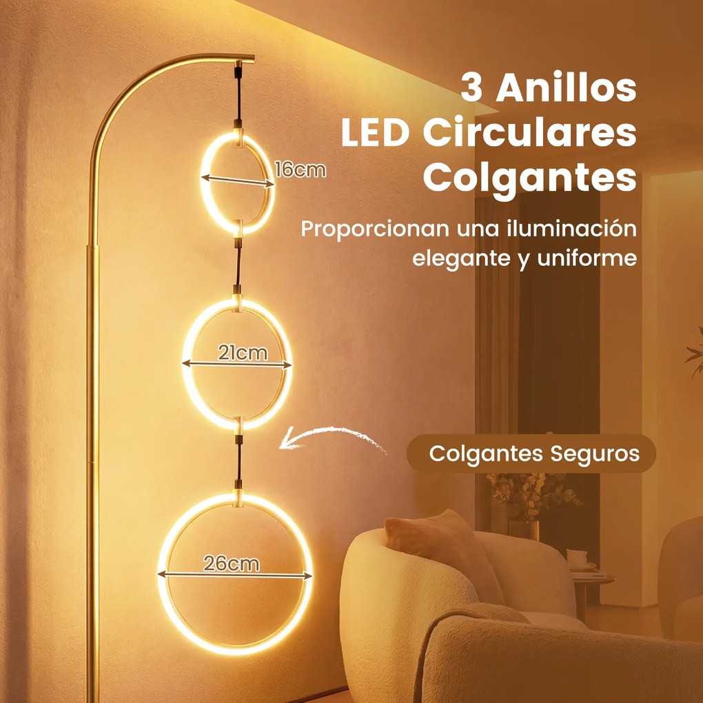 Candeeiro de pé LED de 180 cm com 3 anéis, 3 temperaturas de cor, intensidade ajustável e interruptor, com base pesada, para sala, quarto e escritório