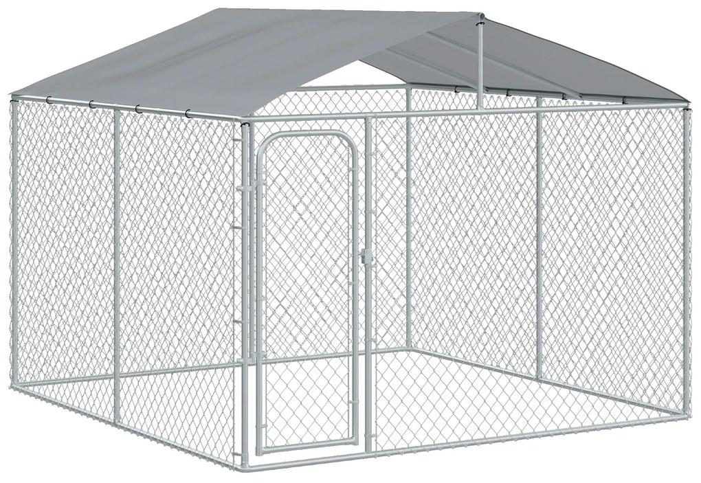 PawHut Canil de Exterior com Toldo Gaiola para Animais de Estimação com 1 Porta e Estrutura de Aço 300x300x234 cm Prata