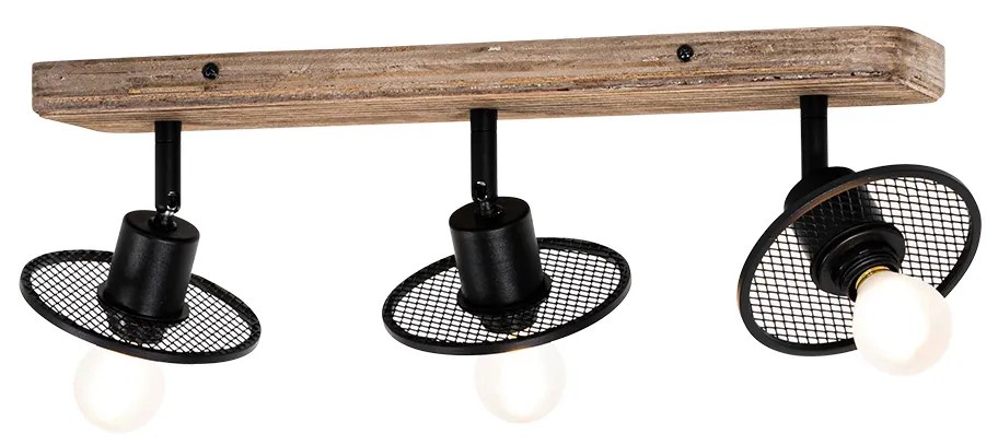 Candeeiro de teto industrial preto com madeira 3 luzes - Jasmine Industrial