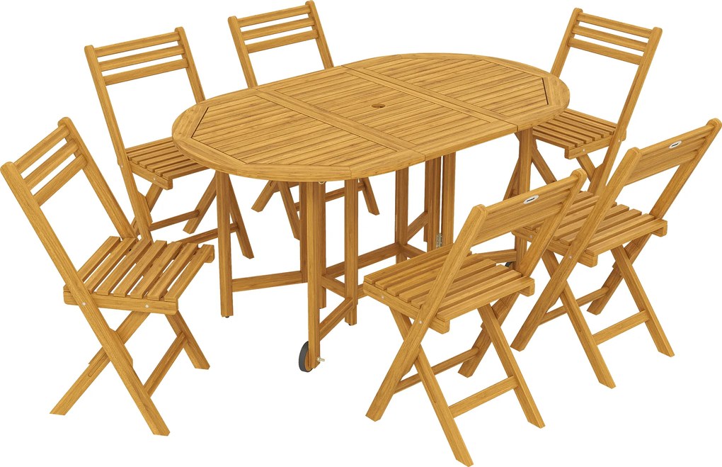 Outsunny Conjunto de móveis de jardim 7 peças em madeira certificada FSC, mesa extensível com 6 cadeiras dobráveis, orifício para guarda-sol, design de lamelas | Aosom Portugal