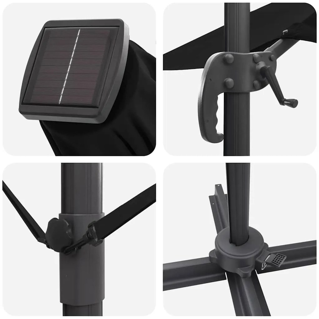 Guarda-Sol Cantilever Roma com LEDs em preto, 352x251x265 cm, feito de
