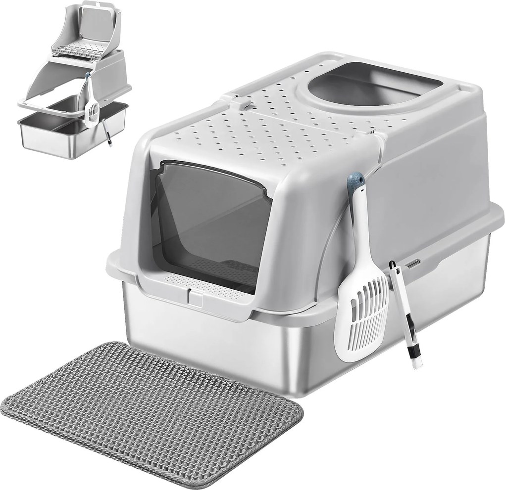 Caixa de areia gatos XL em aço inoxidável com tampa 61 x 40 x 36,5 cm, para gatos até 15 kg cinzento claro