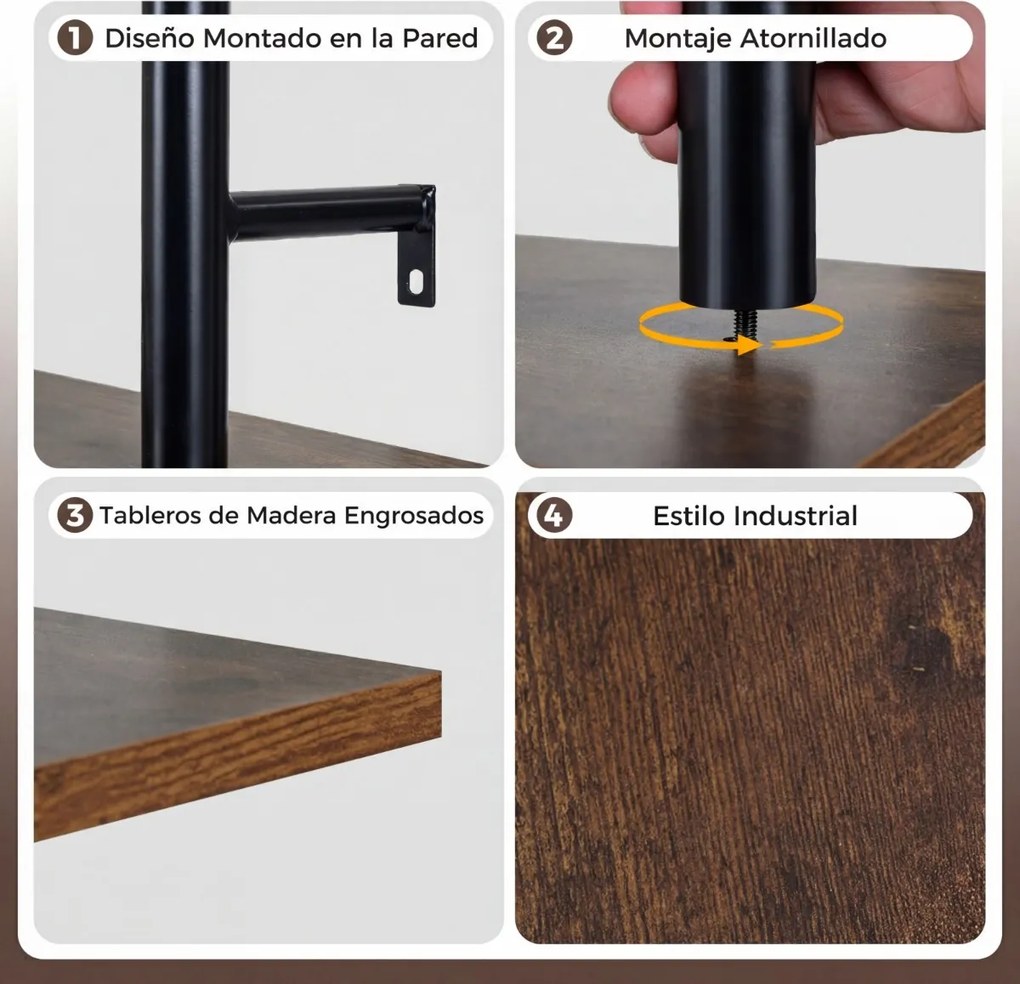 Prateleira suspensa de parede em tubos industriais 80,5 x 24 x 97 cm, com 3 níveis e 4 ganchos em forma de S, em Castanho rústico