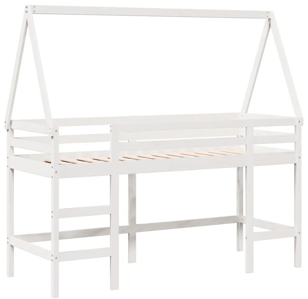 Cama alta c/ escada e telhado 90x190 cm pinho maciço branco