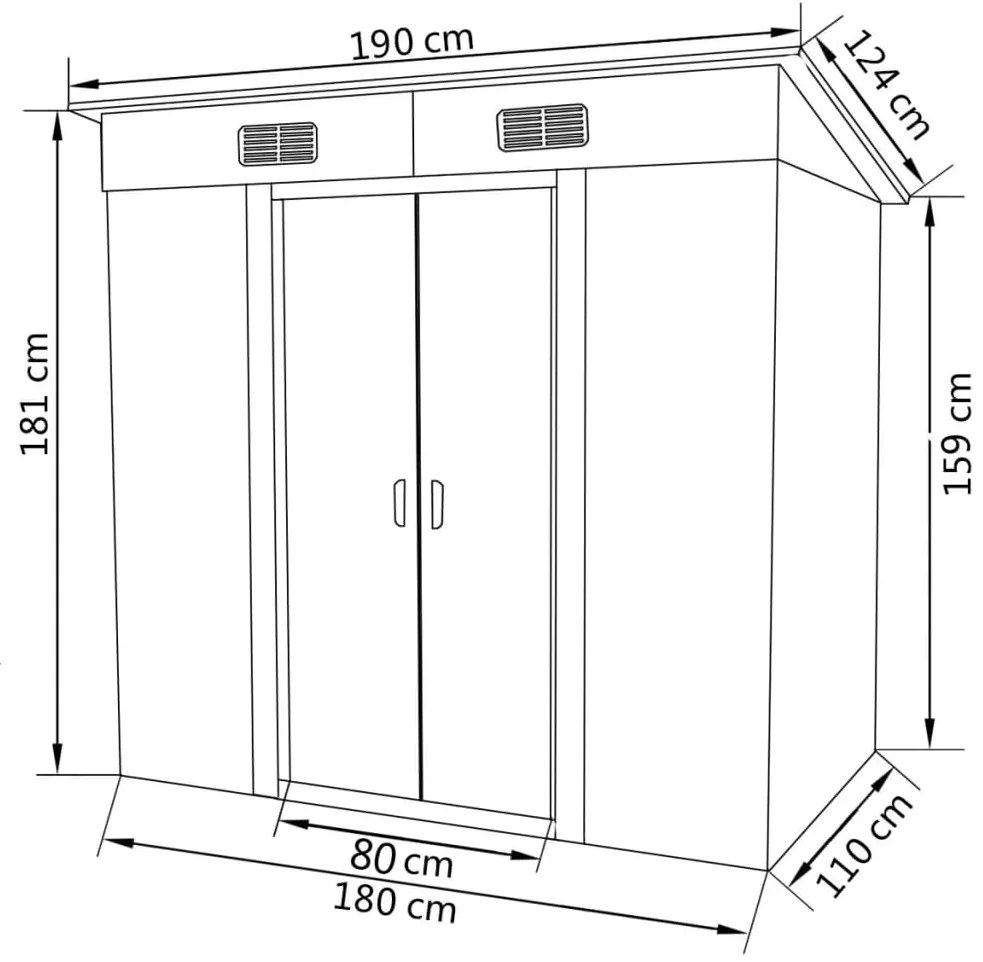 Abrigo de jardim em Aço Galvanizado - 190 x 124 x 181 cm - Cinzento