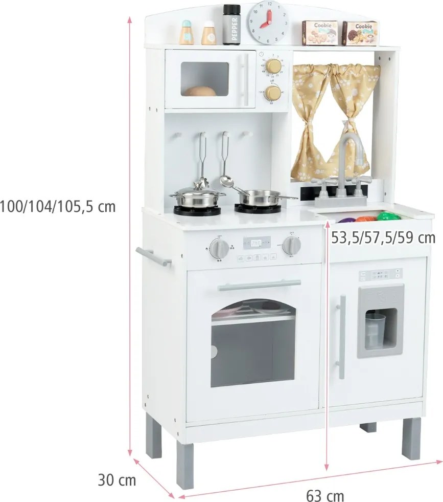 Cozinha de brincar para crianças de madeira 63 x 30 x 100/104/105,5 cm com 3 alturas ajustáveis Micro-ondas Fogões Pia Forno Máquina Branca