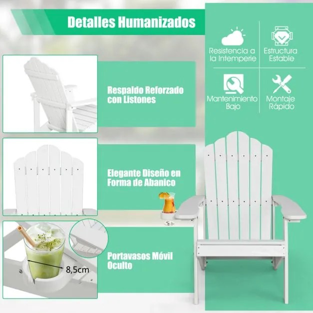 Cadeira de jardim Adirondack com suporte para copos em madeira de grão resistente às intempéries, jardim e terraço Branca