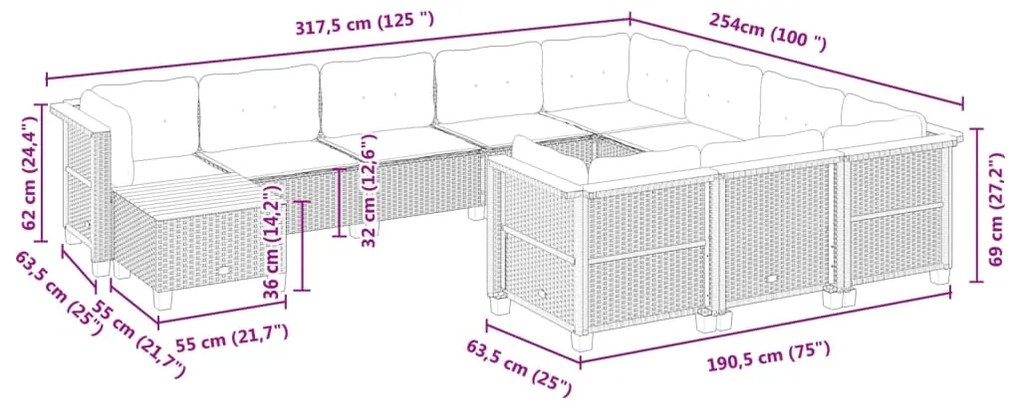 11 pcs conjunto sofás de jardim c/ almofadões vime PE preto